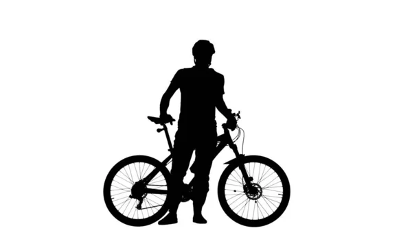 白地に隔離された自転車のヘルメットのサイクリストの黒のシルエット 男性の自転車競技者は スポーツバイクの横に立って 側を探しています アクティブスポーティな人のコンセプトイメージ — ストック写真
