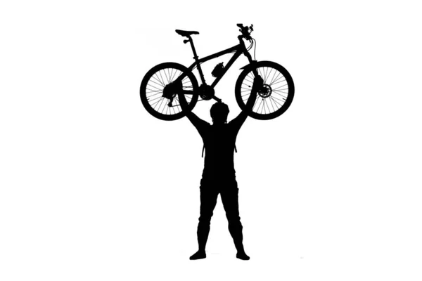 Bisiklet Kasklı Siyah Siluet Beyaz Arka Planda Bisiklet Tutuyor Erkek — Stok fotoğraf
