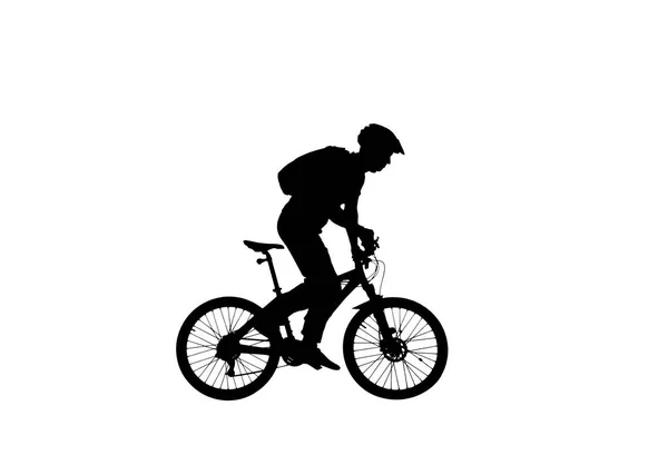 自転車用ヘルメットのサイクリストの黒いシルエットと白い背景のバックパックでサイドビュー 男性自転車のペダリングやスポーツバイクに乗る トレーニング アクティブな休息 アクティブスポーティ — ストック写真
