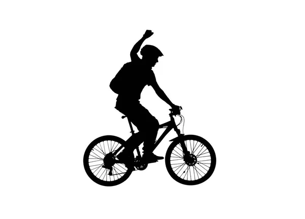 Side View Black Silhouette Cyclist Raising His Hand Triumph Rejoicing — Stock Photo, Image