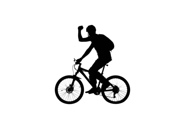 Oldalnézet Fekete Sziluett Kerékpáros Felemeli Kezét Diadal Örül Győzelemben Férfi — Stock Fotó