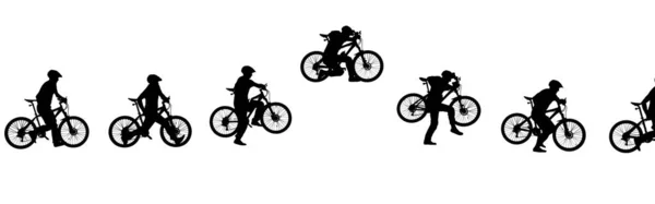 白地に自転車で歩くサイクリストの黒いシルエットのサイドビュー 7で1コラージュフル長さ スポーツウェアの男性自転車愛好家と自転車のヘルメット トレーニング アクティブな休息 — ストック写真