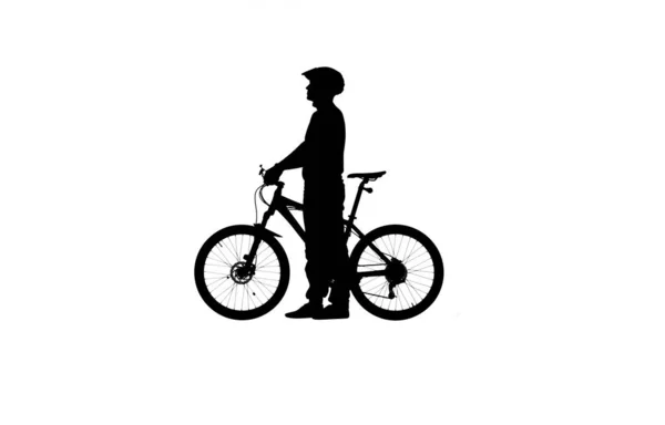 Beyaz Arka Planda Bisiklet Kasklı Siyah Bisikletçi Silueti Erkek Bisikletçi — Stok fotoğraf