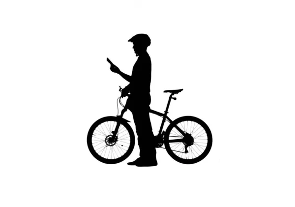 Side View Black Silhouette Cyclist Looking Smartphone Screen Male Bicyclist — Stock Photo, Image