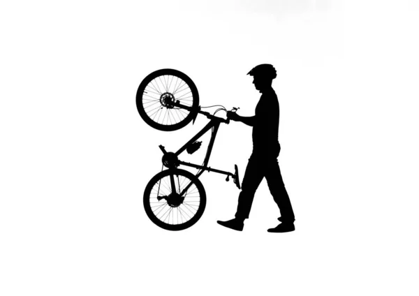 Side View Black Silhouette Cyclist Transporting Bicycle Back Wheel Male — Stock Photo, Image