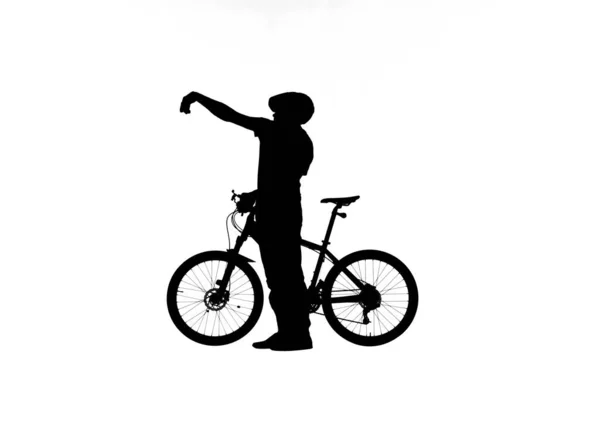 Vista Lateral Silhueta Preta Ciclista Tirando Uma Selfie Com Uma — Fotografia de Stock