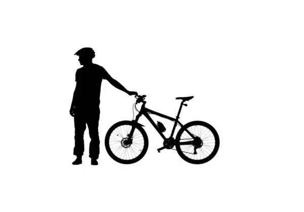 Vista Lateral Sobre Silueta Negra Ciclista Casco Bicicleta Con Mochila — Foto de Stock