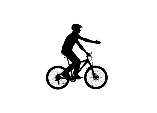自転車に乗ると彼の手で方向を指すの黒のシルエットにサイドビュー スポーツウェアを着た男性自転車愛好家と白い背景の自転車ヘルメット トレーニング アクティブな休息 — ストック写真