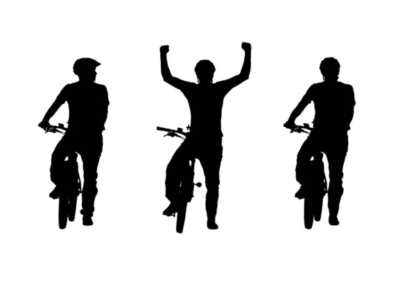 Silhueta Preta Ciclista Com Bicicleta Sobre Fundo Branco Colagem Vista — Fotografia de Stock
