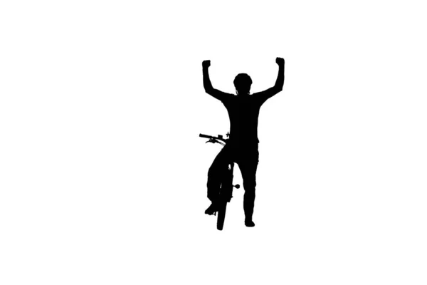 サイクリストの黒いシルエットが勝利に手を上げ 勝利を喜びます 白い背景に男性自転車乗りスポーツバイク トレーニング アクティブな休息 アクティブなスポーティーな人々のコンセプト — ストック写真