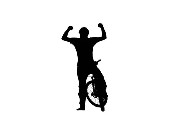 Black Silhouette Cyclist Raising His Hands Triumph Rejoicing Victory Male — Stock Photo, Image