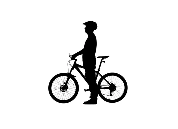白い背景に自転車のヘルメットでサイクリストの黒いシルエットのサイドビュー 男性の自転車競技者は スポーツバイクの横に立って横に探しています アクティブスポーティな人のコンセプトイメージ — ストック写真