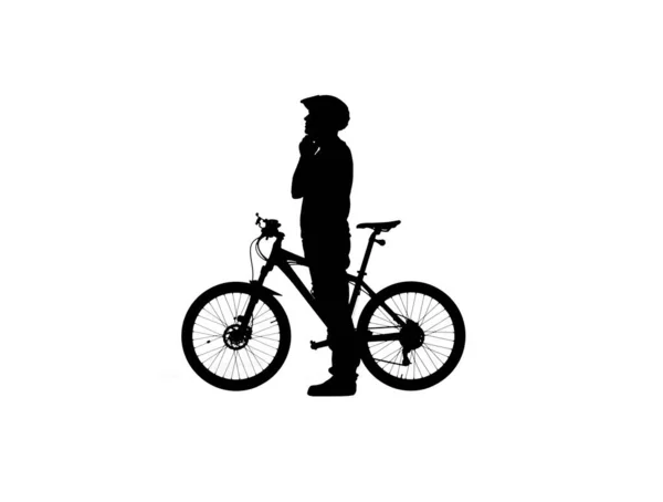 Vista Lateral Silhueta Preta Ciclista Que Fixa Capacete Bicicleta Protetor — Fotografia de Stock