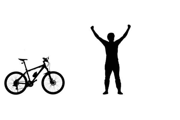 Fekete Körvonala Kerékpáros Felemeli Kezét Diadal Örül Győzelemnek Férfi Kerékpáros — Stock Fotó