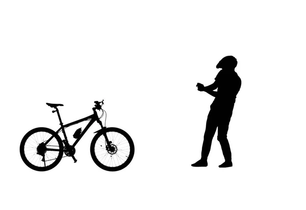 Side View Black Silhouette Cyclist Taking Bike Photo Smartphone Camera — Stock Photo, Image