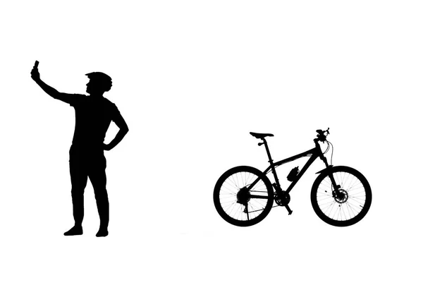 Side View Black Silhouette Cyclist Taking Selfie Smartphone Camera Male — Stock Photo, Image