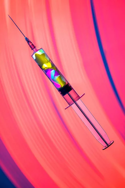 Disposable Syringe Needle Filled Liquid Stars Tinsel Sequin Dose Drug — Stock Photo, Image