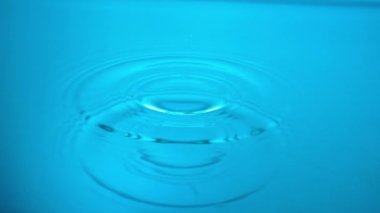 Bir damla suyun makro görüntüsü mavi sıvı bir yüzeye düşer ve su halkaları ve dalgalar yaratır. Suya damlayan bir damla ve su yüzeyindeki farklı daireler. Yüzeyde dalgalanmalar