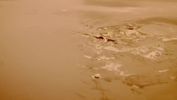 Tetes Air Jatuh Permukaan Air Buram Coklat Dan Menciptakan Riak — Stok Video