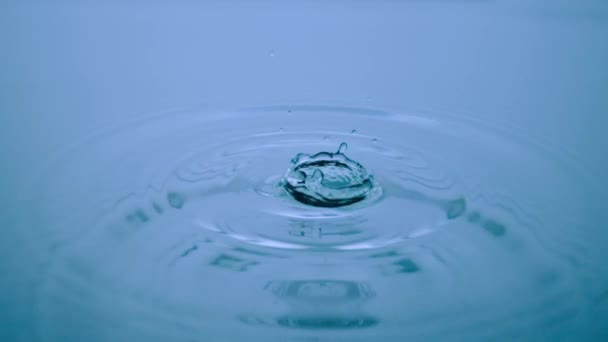 Макрознімок Крапель Води Падає Синю Рідку Поверхню Створюючи Водяні Кільця — стокове відео