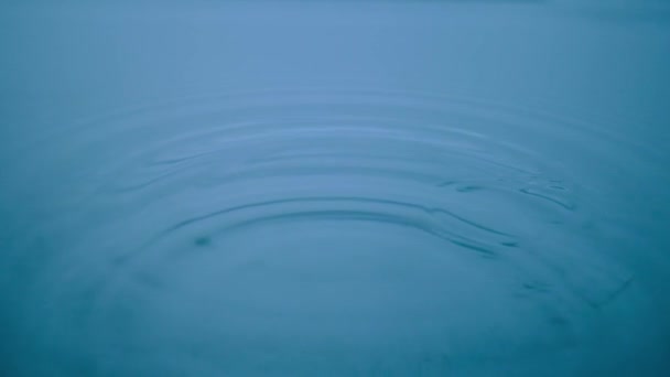 Макрознімок Краплі Води Падає Синю Рідку Поверхню Створюючи Водяні Кільця — стокове відео