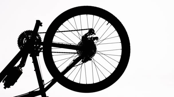 Schwarze Silhouette Eines Hinteren Fahrrads Das Sich Auf Weißem Hintergrund — Stockvideo