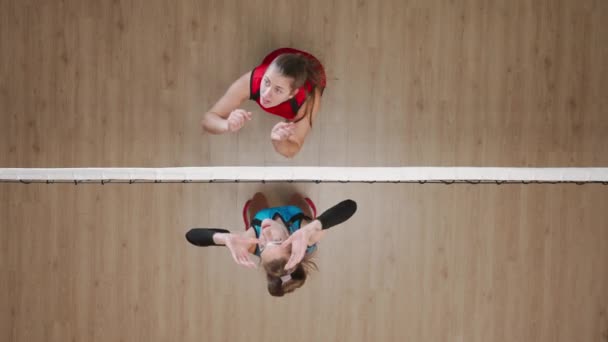 Két Fiatal Női Sportoló Röplabdázik Játszótéren Top Kilátás Röplabda Játékos — Stock videók