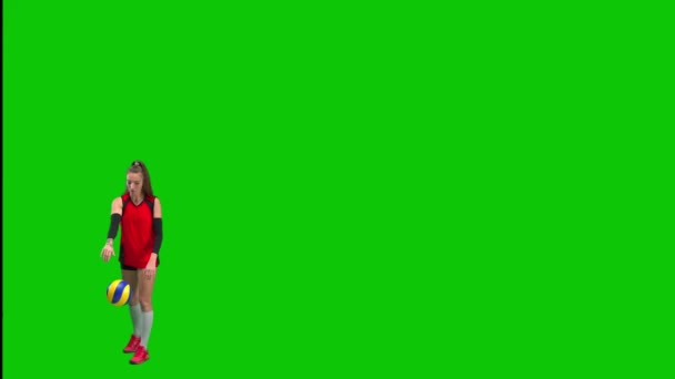 身穿黑色和红色运动服的女排球运动员在地板上击球 然后用手击球 全长年轻女子在绿色屏幕上与工作空间 练习排球技术 — 图库视频影像