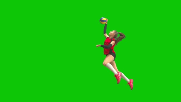 一名身穿红色黑色运动服的女排球运动员跳起来 用手击球 绿屏上的排球赛 女运动员进球得分 并为成功感到高兴 — 图库视频影像