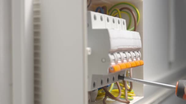 Electricista Monta Panel Eléctrico Cierre Las Manos Hombre Apretando Tornillo — Vídeo de stock