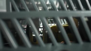 Ekipman çantasının içine kablolar, örümcek ağları ve sarı bir örümcekle bakın. Gri plastik kapaklı elektrikli alet kutusu. Laboratuvar ya da elektrik ekipmanları kapatın.