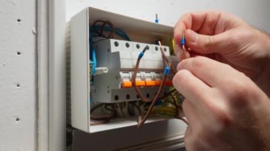 Bir elektrikçi mavi çalı gelincik kurallarını kablolara takıyor ve onları kıskaçlıyor. Santraldeki yüksek voltajlı elektrik düğmelerini tamir eden bir adamın elini kapatın. Otomatik sigorta ve kablolarla kutucuğu değiştir
