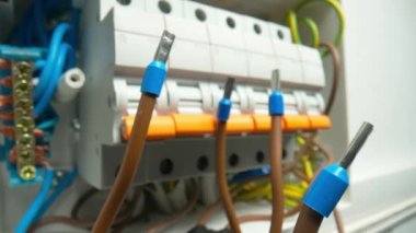 Kahverengi kablolar ve mavi çalı gelincik kuralları. Santraldeki yüksek voltajlı elektrik düğmeleri. Otomatik sigortalı, kablolu, sarı şalterli kutuları değiştir. Yüksek voltaj