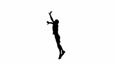 Genç erkek atletin siyah silueti zıplar ve eliyle topa vurur. Voleybolda top taşıma becerileri üzerinde çalışıyorum. Stüdyoda beyaz izole edilmiş arka planda tam uzunlukta eğitim gören bir adam. Anlık saldırı