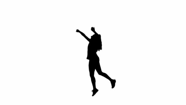 Kadın Voleybol Oyuncusunun Siyah Silueti Zıplıyor Eliyle Topa Vuruyor Beyaz — Stok video