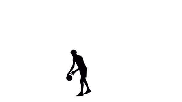 年轻男性运动员的黑色轮廓击中地板上的球 弹跳和击中球与他的手 排球训练用球处理技巧 在独立的白色背景下 人在演播室里训练 — 图库视频影像
