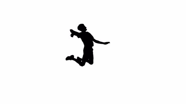 男性バレーボール選手の黒いシルエットが跳ね返り 仮想ボールを打つ 選手はジャンプし ボールに手を打つシミュレーションで 彼の手で空気をカットします 男の完全な長さは — ストック動画