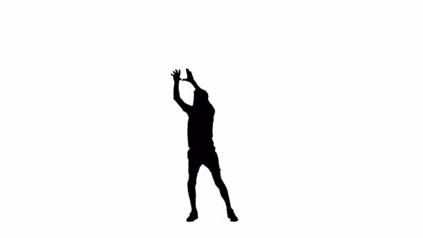 年轻男性运动员的黑色轮廓用他的手弹跳和击球 排球训练用球处理技巧 男人在演播室里训练 背景白色 — 图库视频影像