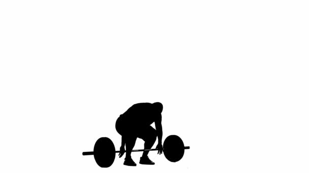 Black Silhouette Muscular Man Lifting Heavy Barbell Black Disks Weights — Stock Video