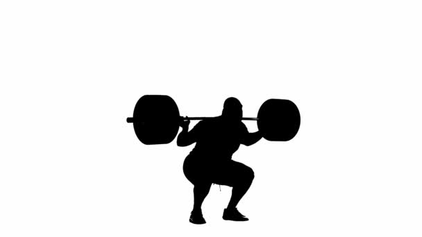 Black Silhouette Muscular Man Squatting Heavy Barbell Black Disks Weights — Stock Video