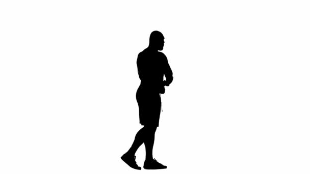 Silhueta Preta Homem Musculoso Demonstrando Bíceps Musculares Lado Sobre Fundo — Vídeo de Stock
