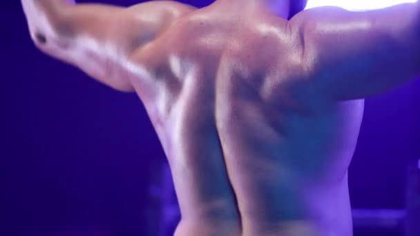 Vista Posterior Del Culturista Masculino Con Torso Desnudo Levantando Barra — Vídeos de Stock
