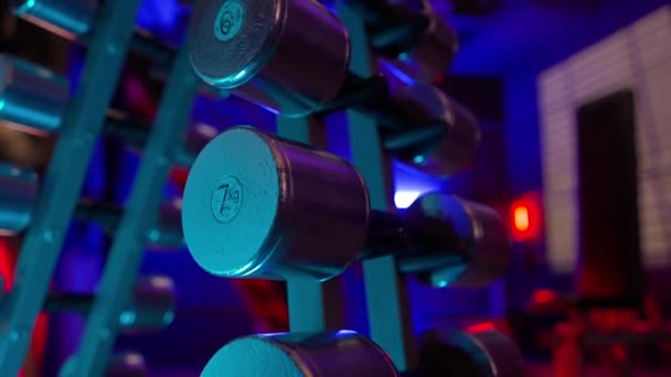 Camera Moves Rack Set Metal Silver Dumbbells Different Weights Close — Stock Video
