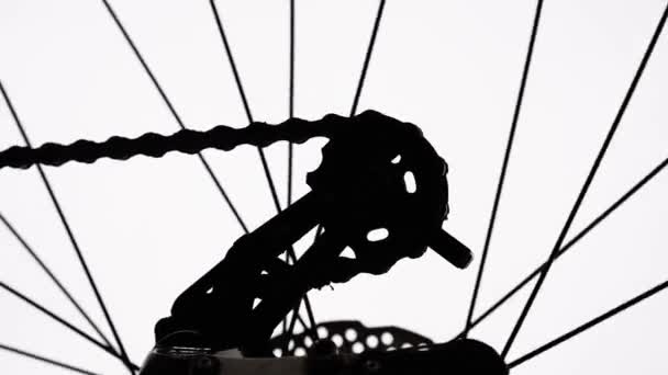 黑色的后轮轮廓在一个孤立的白色背景上旋转 自行车轮毂的特写和链条在齿轮上旋转 然后停下来 换档机构和轮转 — 图库视频影像