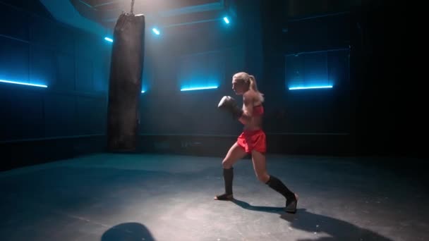 Kickboxing Woman Fighter Trains His Punches Young Fit Sportswoman Red — Stockvideo