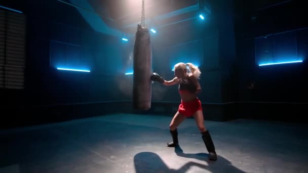 Kickboxing Woman Fighter Trains His Punches Young Fit Sportswoman Red — Vídeo de Stock