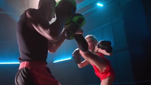 Athlete Woman Fighter Training Punches Focus Mitts Hands Feet Dark — 비디오