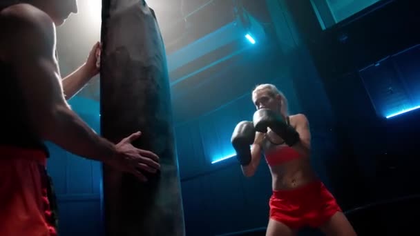 Female Fighter Personal Trainer Training Dark Gym Blue Light Woman — Stock Video