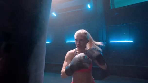 Female Fighter Training Dark Gym Blue Light Woman Black Boxing — Vídeos de Stock