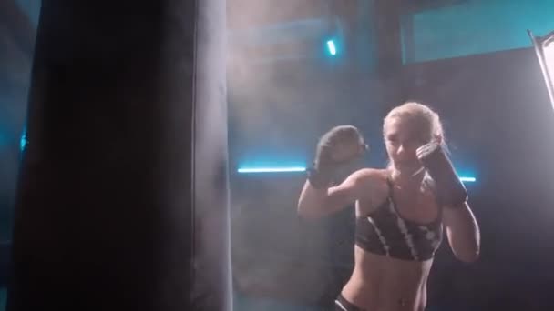 Fragile Young Woman Delivering Powerful Punches Punchbag Female Athlete Rewound — Wideo stockowe
